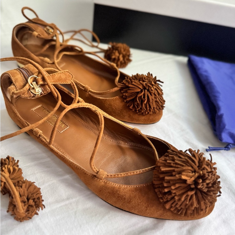 NEW Aquazzura - Sunshine / Brown Suede Flats with Pom-Pom Detail